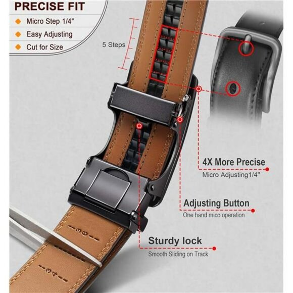 Mens Leather Ratchet Belts Set of 2 Adjustable Slide Buckle Cut to Fit - Picture 3 of 8